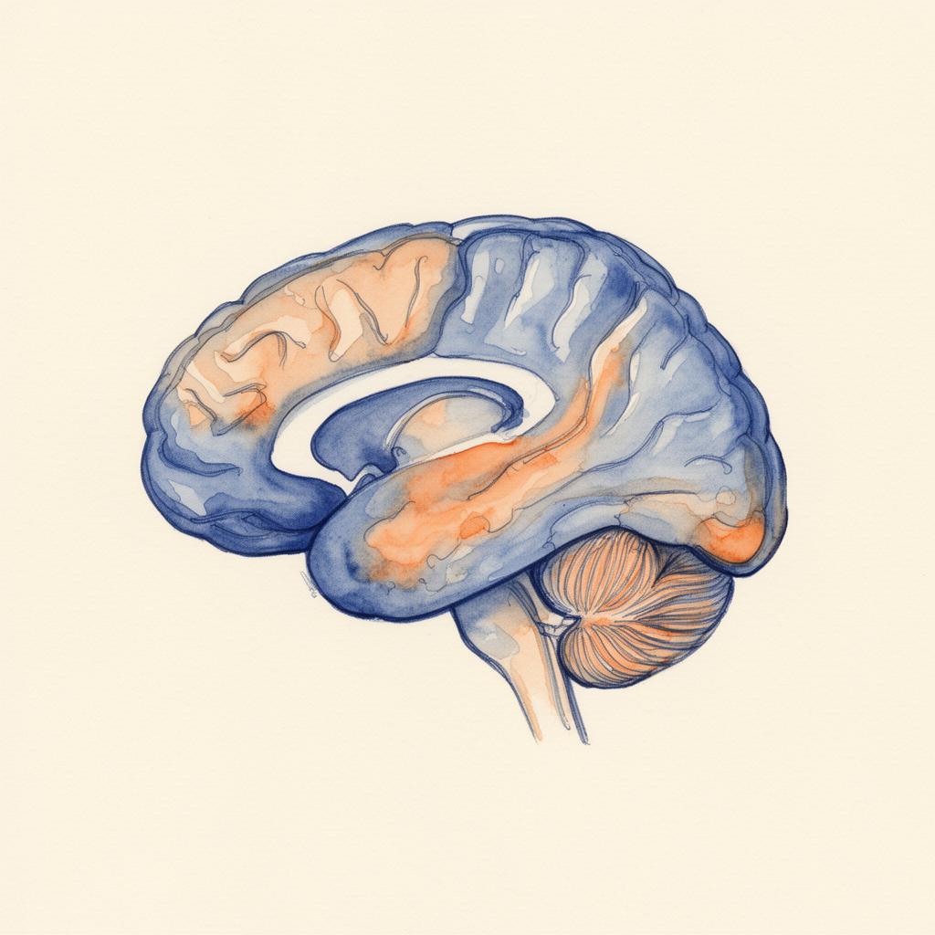 Watercolor illustration of a human brain with seven labelled cognitive regions.